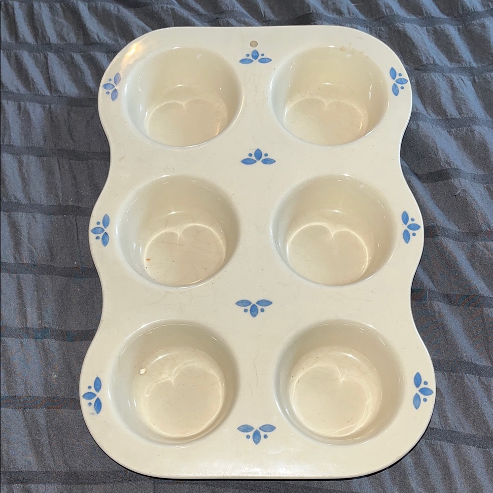 Roseville Ohio  Beige/Blue Friendship Decorated Stoneware Muffin Pan